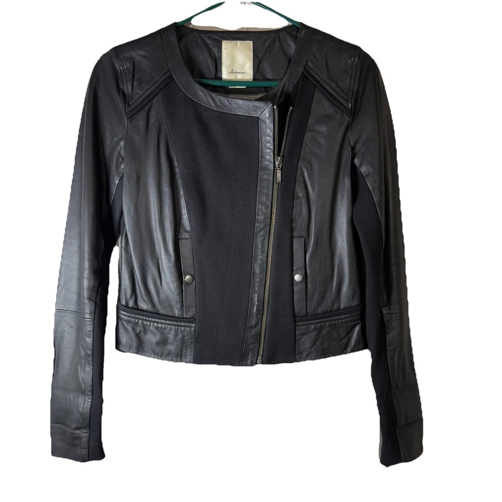 Elevenses Leather Moto Jacket Women 2 Blck Mixed Media Asymmetric Zip Minimalist - Picture 2 of 11